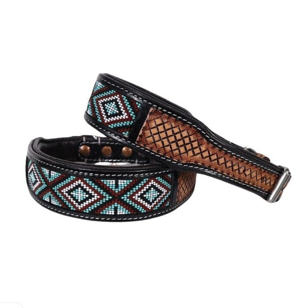 Western Style Beaded and Tooled Leather Dog Collar With Padded Soft Lining 10IS001