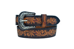 Western Floral Tooled Leather Belt  For Young Girls and small Size Women with Removable Buckle 40AB003