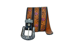 Western Floral Tooled Leather Belt  For Young Girls and small Size Women with Removable Buckle 40AB004