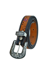 Western Floral Tooled Leather Belt  For Young Girls and small Size Women with Removable Buckle 40AB004