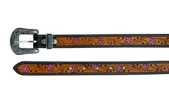 Western Floral Tooled Leather Belt  For Young Girls and small Size Women with Removable Buckle 40AB004