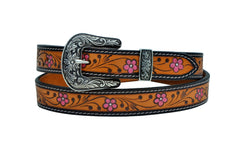 Western Floral Tooled Leather Belt  For Young Girls and small Size Women with Removable Buckle 40AB004