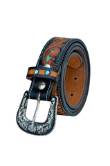 Western Tooled Leather Belt  For Young Kids and small Size Boys and Girls with Removable Buckle 40AB005