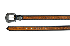 Western Tooled Leather Belt  For Young Kids and small Size Boys and Girls with Removable Buckle 40AB006