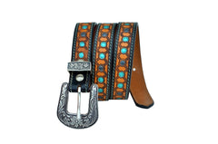 Western Tooled Leather Belt  For Young Kids and small Size Boys and Girls with Removable Buckle 40AB008