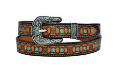 Western Tooled Leather Belt  For Young Kids and small Size Boys and Girls with Removable Buckle 40AB008