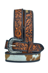 Western Tooled Cowhide Leather Belt  For Young Kids and small Size Boys and Girls with Removable Buckle 40AB007