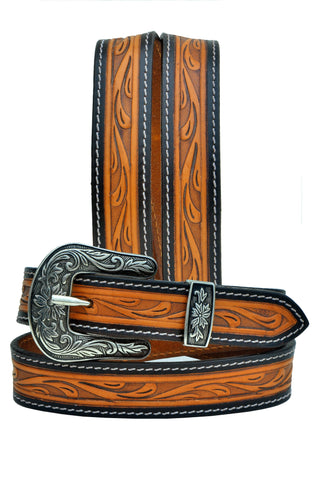 Western Tooled Leather Belt  For Young Kids and small Size Boys and Girls with Removable Buckle 40AB006