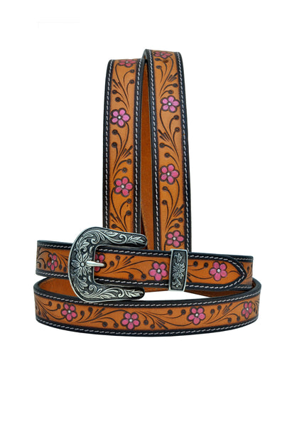 Western Floral Tooled Leather Belt  For Young Girls and small Size Women with Removable Buckle 40AB004