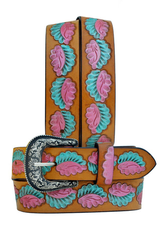 Western Hand Tooled Leather Belt  For Young Girls and small Size Women with Removable Buckle 40AB001