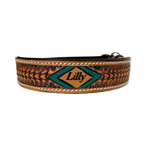 Western Style Hand Tooled Hand Finished Leather Dog Collar With Padded Soft Lining 10AB148