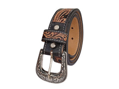 Western Floral Tooled Leather Belt  For Boys, Girls and small Size people with Removable Buckle 40IS001