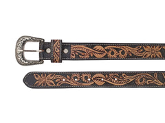 Western Floral Tooled Leather Belt  For Boys, Girls and small Size people with Removable Buckle 40IS001