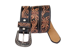 Western Floral Tooled Leather Belt  For Boys, Girls and small Size people with Removable Buckle 40IS001