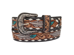 Western Floral Tooled Leather Belt  For Boys, Girls and small Size people with Removable Buckle 40IS002