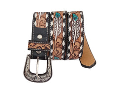 Western Floral Tooled Leather Belt  For Boys, Girls and small Size people with Removable Buckle 40IS002