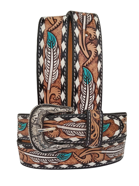 Western Floral Tooled Leather Belt  For Boys, Girls and small Size people with Removable Buckle 40IS002