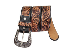 Western Floral Tooled Leather Belt  For Boys, Girls and small Size people with Removable Buckle 40IS003