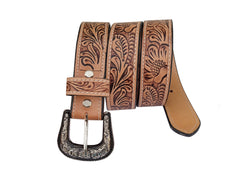 Western Tooled Leather Belt  For Boys, Girls and small Size people with Removable Buckle 40IS005