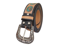 Genuine Leather Western Hand Tooled and Hand Painted Floral Belt  with Removable Buckle 30IS005