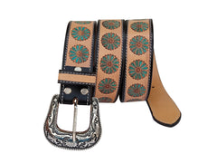 Genuine Leather Western Hand Tooled and Hand Painted Floral Belt  with Removable Buckle 30IS005