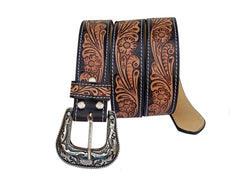 Genuine Leather Western Hand Tooled and Hand Painted Floral Belt  with Removable Buckle 30IS010