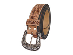 Genuine Leather Western Hand Tooled and Hand Painted Floral Belt  with Removable Buckle 30IS011