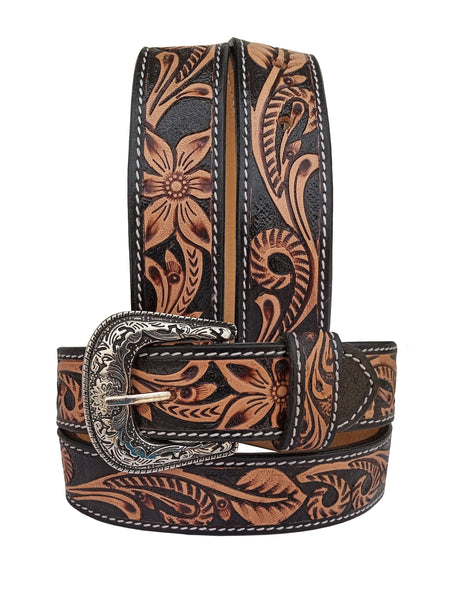 Western Floral Tooled Leather Belt  For Boys, Girls and small Size people with Removable Buckle 40IS001