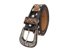 Western Floral Tooled Leather Belt  For Boys, Girls and small Size people with Removable Buckle 40IS002