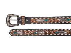 Western Floral Tooled Leather Belt  For Boys, Girls and small Size people with Removable Buckle 40IS002