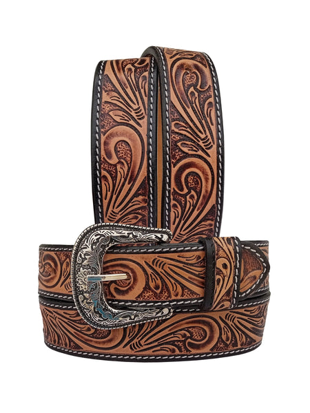 Western Floral Tooled Leather Belt  For Boys, Girls and small Size people with Removable Buckle 40IS003