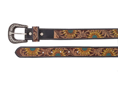 Western Floral Tooled Leather Belt  For Boys, Girls and small Size people with Removable Buckle 40IS004