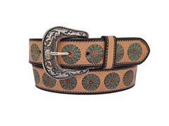 Genuine Leather Western Hand Tooled and Hand Painted Floral Belt  with Removable Buckle 30IS005