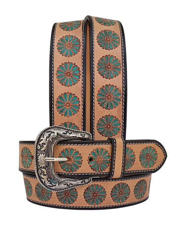 Genuine Leather Western Hand Tooled and Hand Painted Floral Belt  with Removable Buckle 30IS005