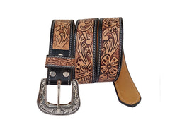 Genuine Leather Western Hand Tooled and Hand Finished Belt with Removable Buckle 30IS006