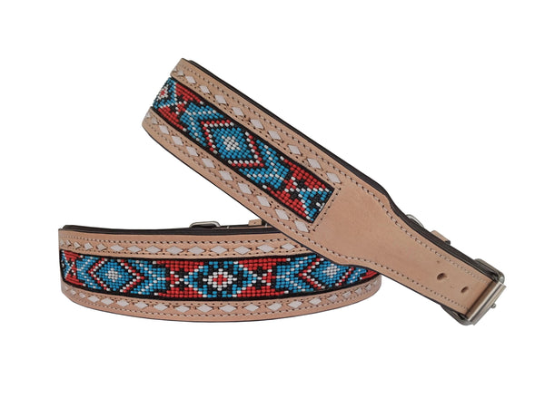 Western Style Beaded and Tooled Leather Dog Collar With Padded Soft Lining 10IS012