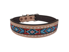 Western Style Beaded and Tooled Leather Dog Collar With Padded Soft Lining 10IS012