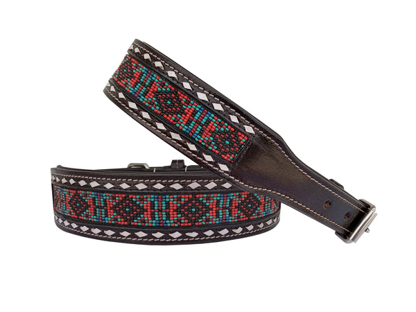 Western Style Beaded and Tooled Leather Dog Collar With Padded Soft Lining 10IS017