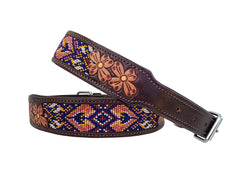 Western Style Beaded and Tooled Leather Dog Collar With Padded Soft Lining 10AB033