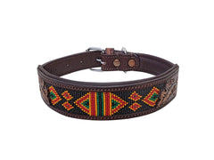 Western Style Beaded and Tooled Leather Dog Collar With Padded Soft Lining 10AB034