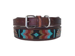 Western Style Beaded and Tooled Leather Dog Collar With Padded Soft Lining 10AB035