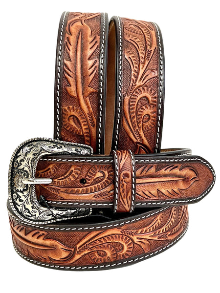 Genuine Leather Western Hand Tooled and Hand Painted Floral Belt  with Removable Buckle 30AB001