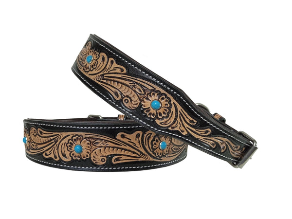 Western Style Hand Tooled Hand Finished Leather Dog Collar With Padded Soft Lining 10IS107