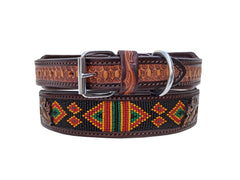 Western Style Beaded and Tooled Leather Dog Collar With Padded Soft Lining 10AB034