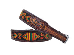 Western Style Beaded and Tooled Leather Dog Collar With Padded Soft Lining 10AB034