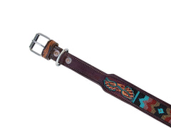 Western Style Beaded and Tooled Leather Dog Collar With Padded Soft Lining 10AB035