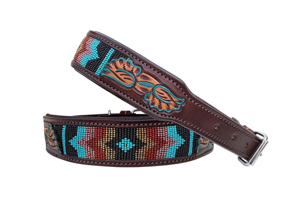 Western Style Beaded and Tooled Leather Dog Collar With Padded Soft Lining 10AB035