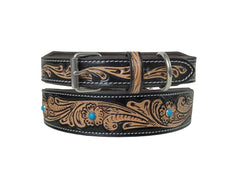 Western Style Hand Tooled Hand Finished Leather Dog Collar With Padded Soft Lining 10IS107