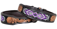 Western Style Beaded and Tooled Leather Dog Collar With Padded Soft Lining 10IS003