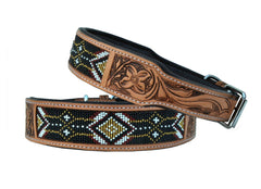 Western Style Beaded and Tooled Leather Dog Collar With Padded Soft Lining 10AB001